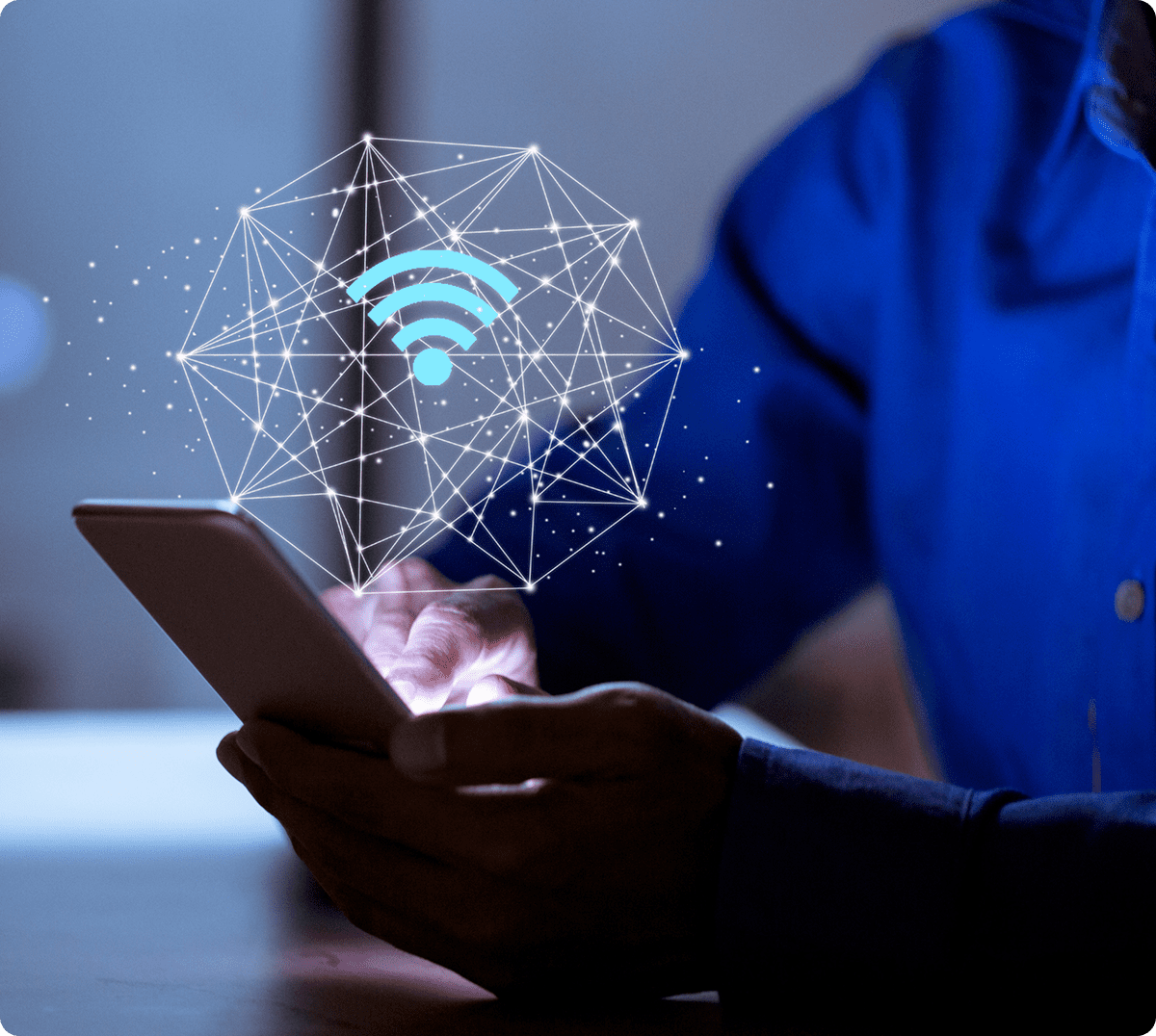 Person using smartphone with network hologram