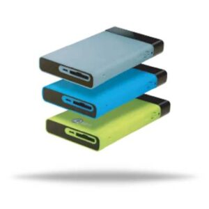 Three external drives in different colors