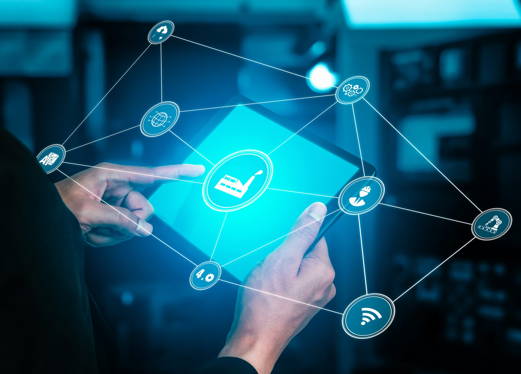 Hands using tablet with digital e-learning icons