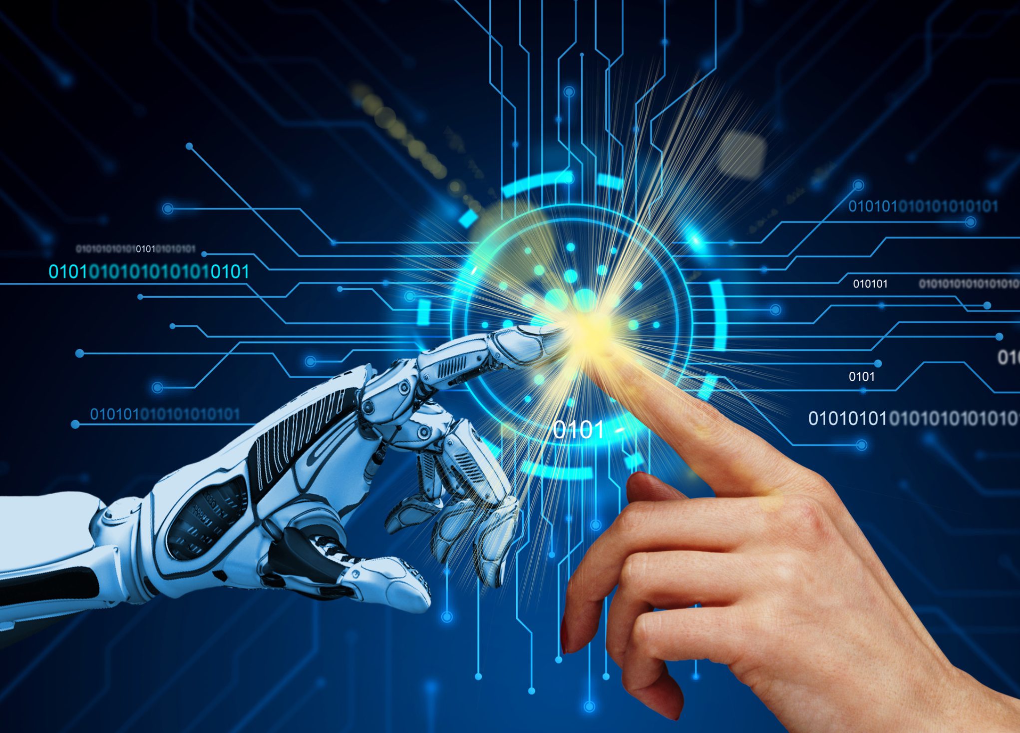 Human and robot fingers touch glowing digital interface