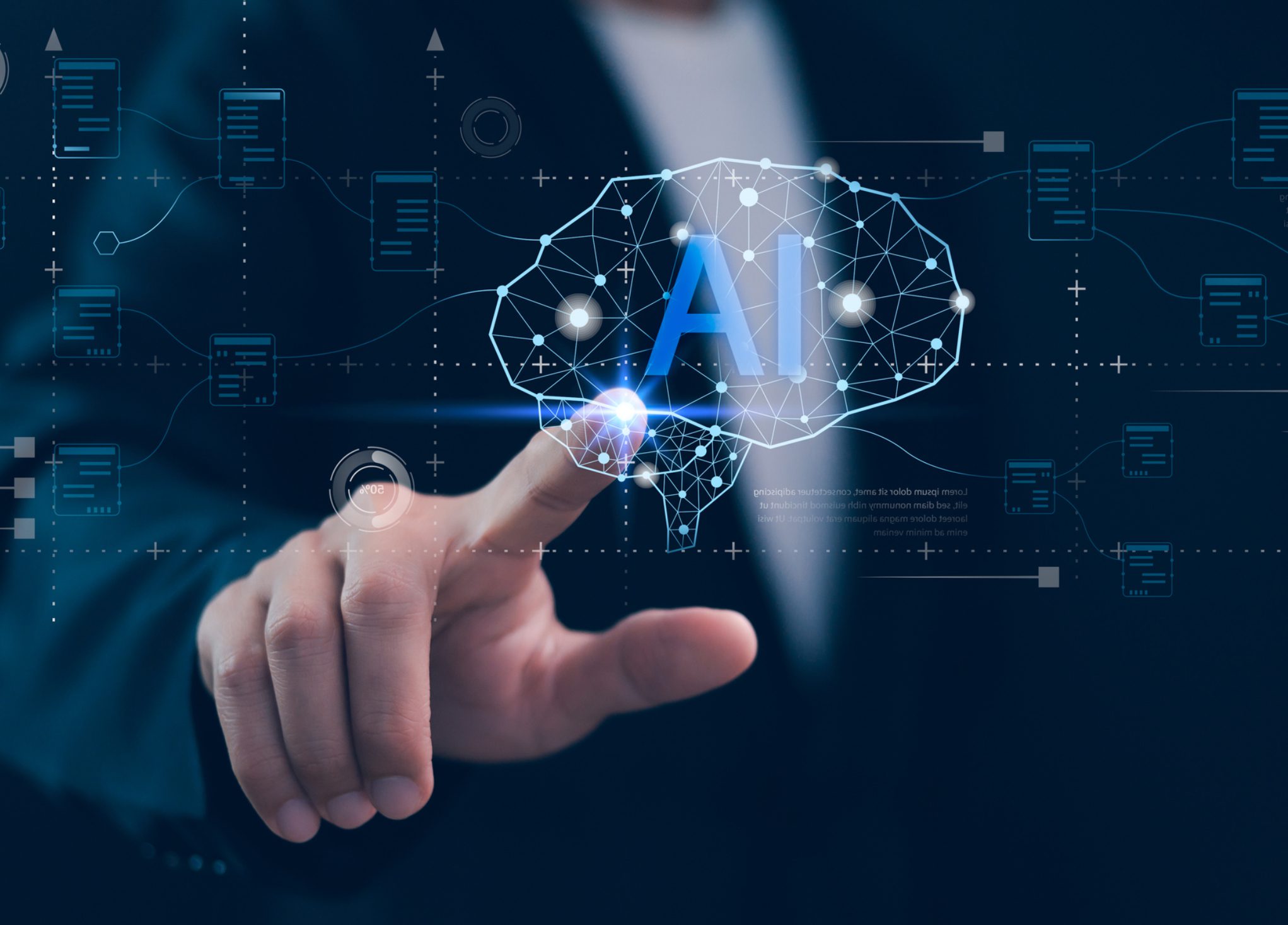 Person touching glowing AI brain hologram