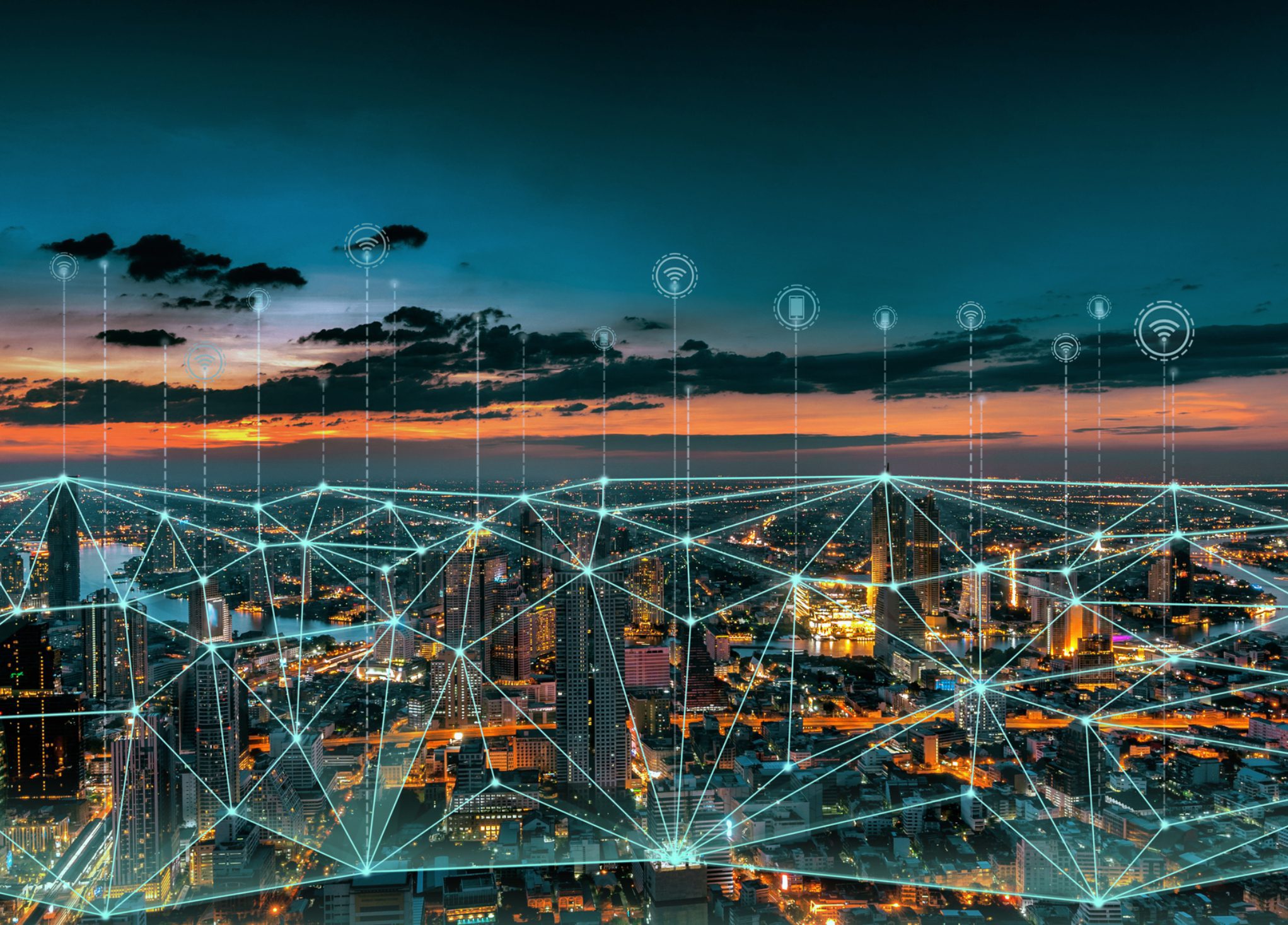 Smart city network overlay at dusk