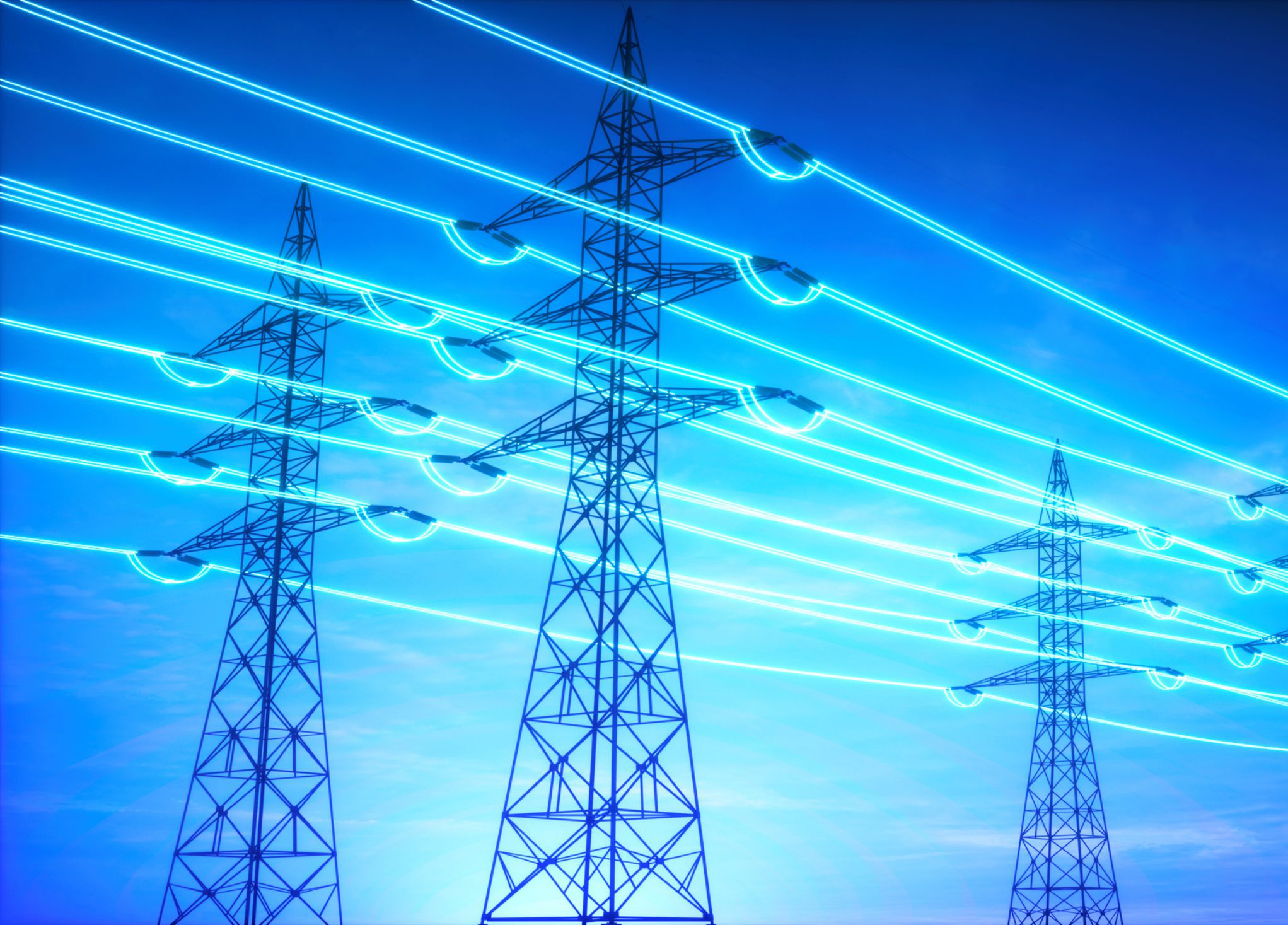 Glowing blue power lines on transmission towers