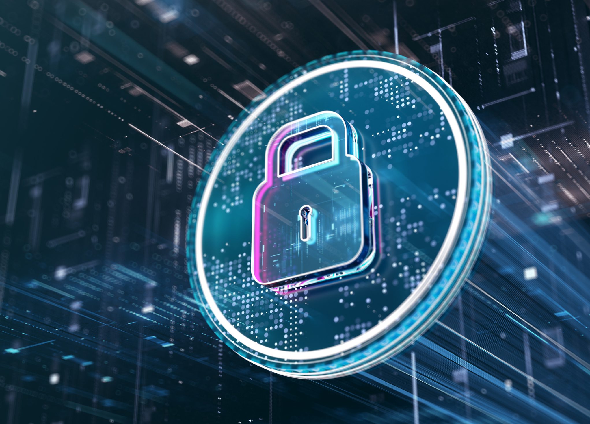 Holographic digital padlock representing cybersecurity