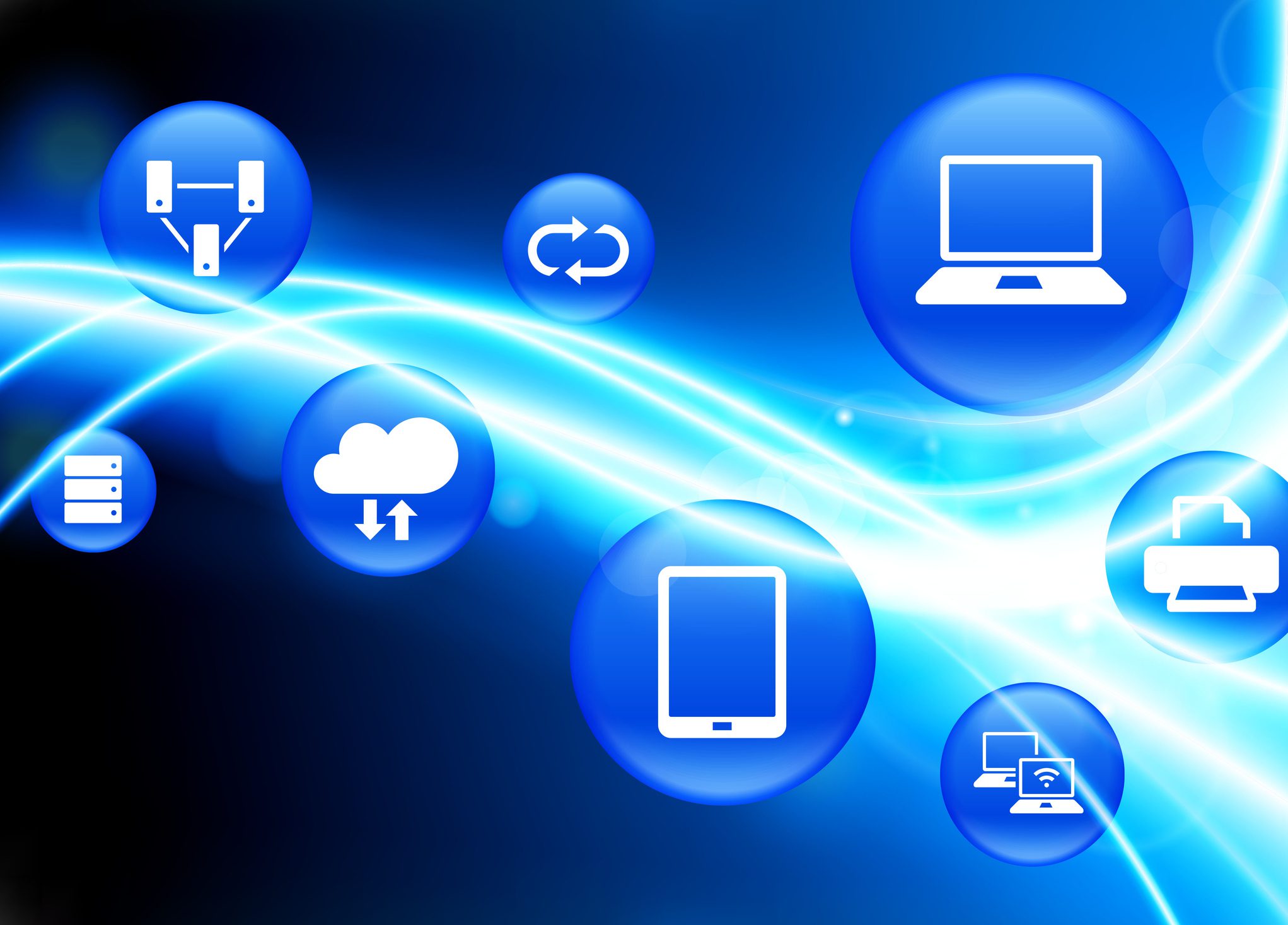 Blue cloud computing icons with glowing waves