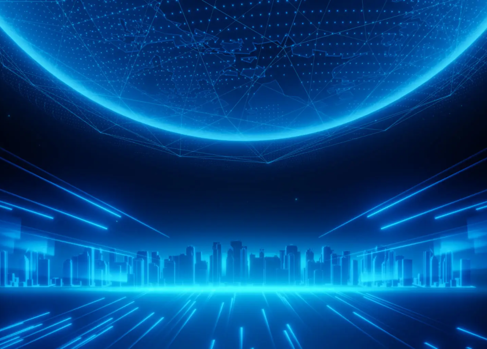 Futuristic digital city skyline under glowing globe
